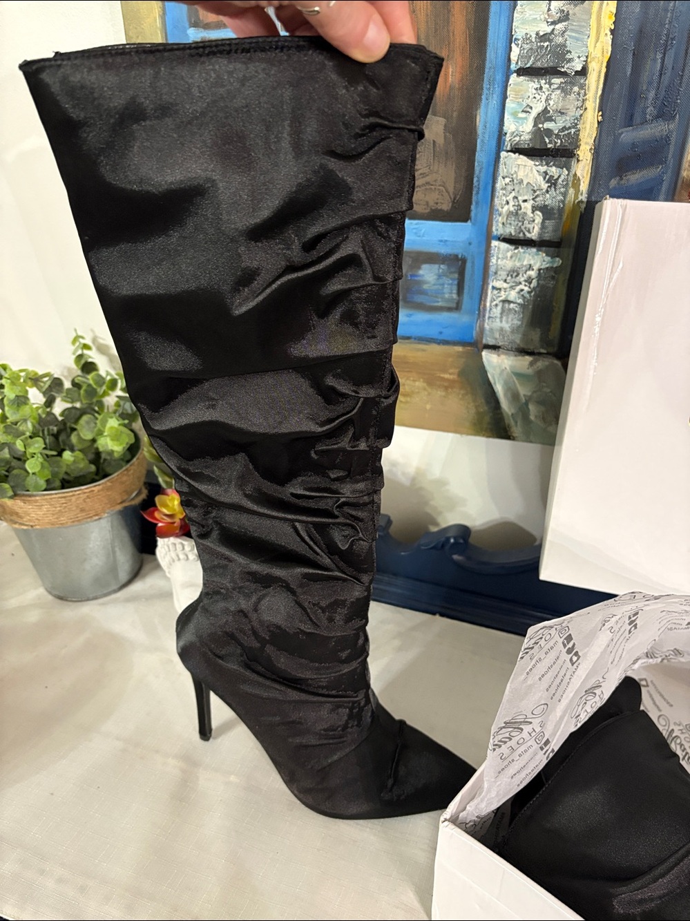 Black Satin Knee-High Ruched Boots - NIB SIZE 6.5